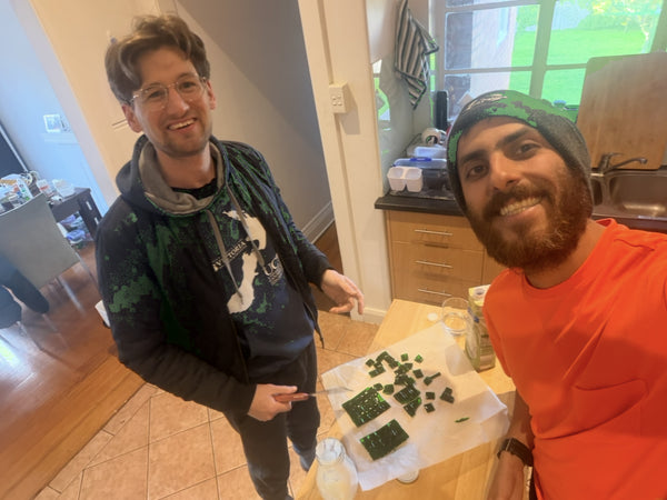 Pete and a mate cutting a test batch in the kitchen